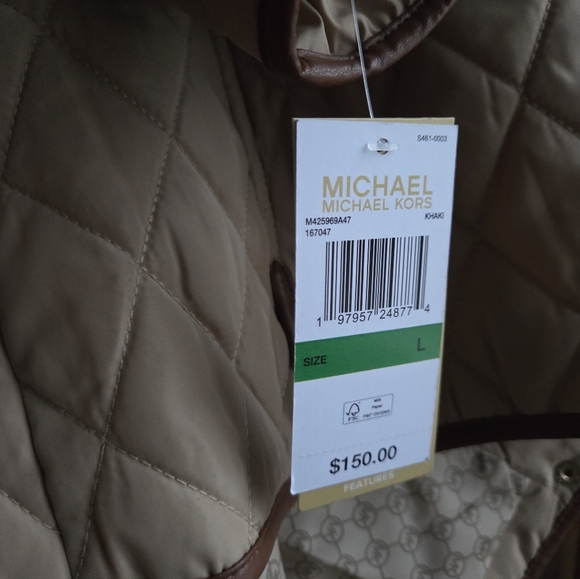 NWT WOMENS MICHAEL KORS QUILTED KHAKI BUTTONS/ POCKETS LEATHER TRIM JACKET LARGE - Picture 6 of 6
